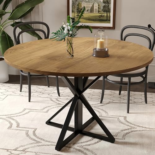 GarveeHome 47 Inch Round Dining Table for 4, Circle Kitchen Table with Pedestal Base, Farmhouse Wooden Dining Table for Small Spaces, Kitchen & Dining Room, Living Room(Brown/Only Table)