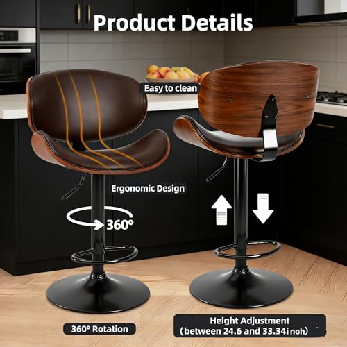 Image of HealSmart Swivel Bar Stools Set of 2, PU Leather, Adjustable Height Bentwood BarStools with Ergonomic Back and Footrest, Ideal for Bar Stools for Bar Counter, Home Kitchen, Dining Room, Brown