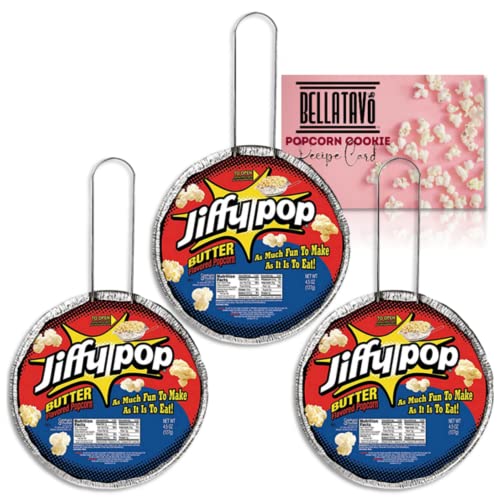 Stove-Top Popcorn Bundle. Includes Three Jiffy Pop Popcorn in Self-Contained Stove-Top Popping Pans and One BELLATAVO Popcorn Cookie Recipe Card! Delicious Jiffy Pop Stovetop Popcorn in Butter Flavor.