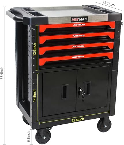 Miniatura 3 de Carrito de herramientas rodante con 4 cajones y ruedas, organizador de almacenamiento de herramientas mecánica con cerradura, gabinete de