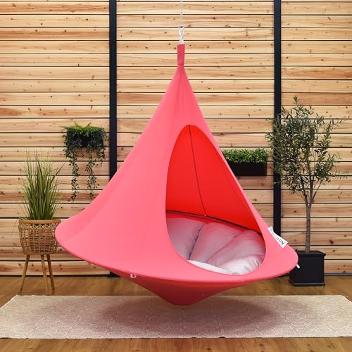 Image of Double Cacoon Hanging Chair for Two - Cozy Indoor /Outdoor Hammock with Polyester Canvas, 440 lb Capacity, Includes 18ft Rope & Carabiner (Coral Rose)
