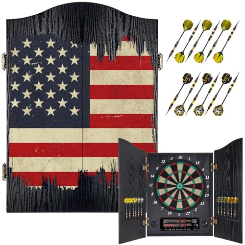 Image of Yirinatek Electronic Dart Board, Decorative Dart Board Cabinet Set for Adults [12*Bronze Soft Tip Darts] [Cricket Game Mode]-Wooden Electric Dartboard Cabinet for Family Game Rooms
