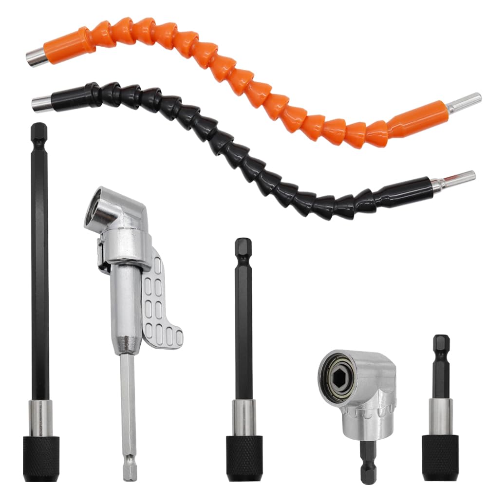 7 Pezzi Set di Punta da Trapano Adattatore con 2×Adattatore per Trapano ad Angolo Retto 105°3×Aste di Prolunga Esagonali da 1/4" 2×Prolunga Flessibile Avvitatore