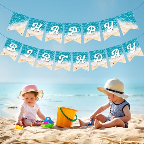 Ocean Beach Happy Birthday Banner 2-Piece Pre-Strung Summer Beach Birthday Party Decoration Blue Wave Cutout Banners for Pool Under The Sea Party Supplies - image 7