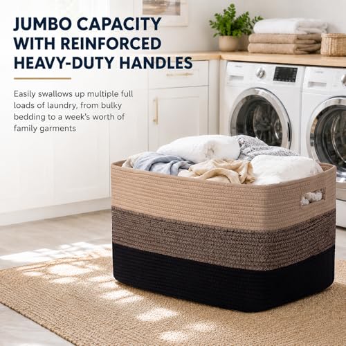 Image of OIAHOMY Large Blanket Basket, 22 inchx17 inchx12 inch Rectangle Woven Baskets, Nursery Blanket Storage Living Room, Toy Storage With Handle, Large Baskets for Organizing-Yellow Black