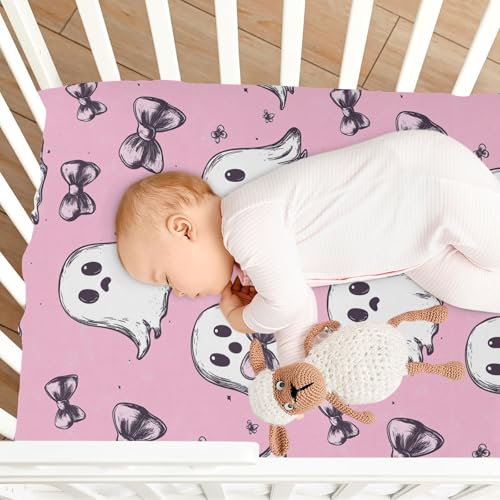Image of Caikeny Fitted Crib Sheet for Boys Girls Cute Ghost Coquette Bows Halloween Flowers Baby Crib Sheets Bassinet Sheets Crib Mattress Bed Sheets for Toddler Newborn Infant 27 x 39 in