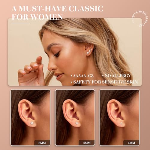 3 Pairs Gold/Silver Stud Earrings for Women Hypoallergenic,18K Gold Plated/Silver 4/5/6mm Cubic Zirconia Earrings Set Dainty,Small Diamond Earring Stack Cartilage Piercing Lightweight4