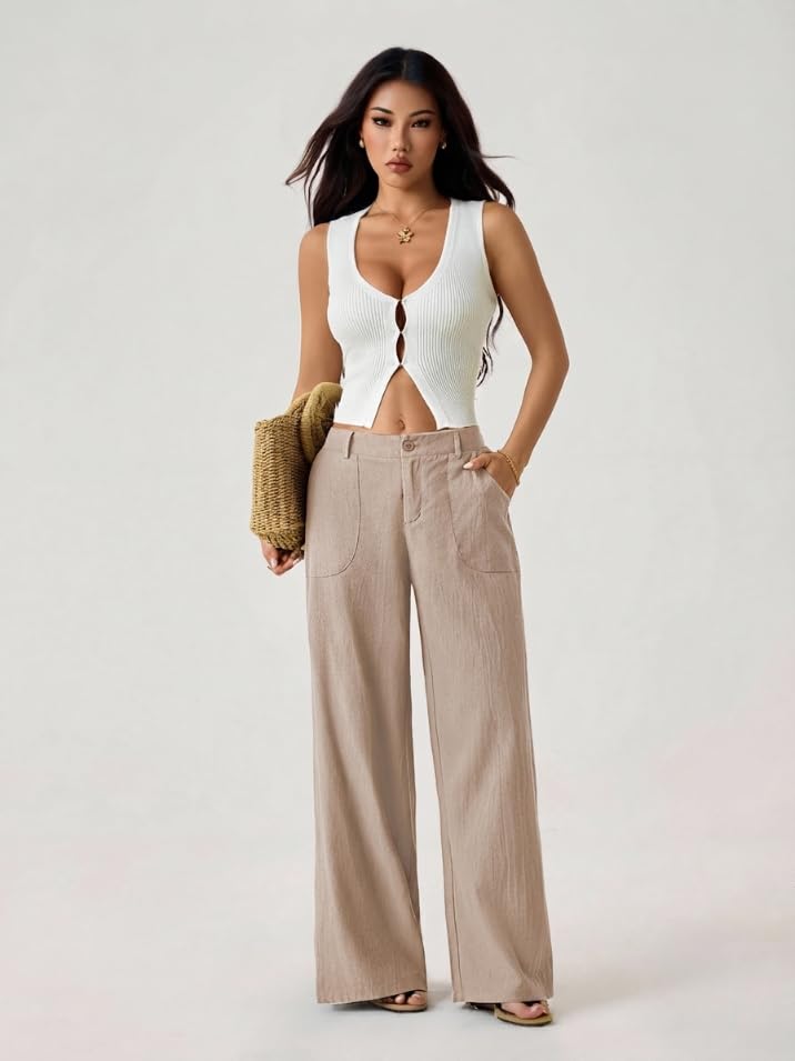 Image of GRECIILOOKS Beige Wide Leg Linen Trousers for Women | High Waist Cotton Baggy Korean Style Casual Pants | Comfortable Formal & Casual Women Trousers