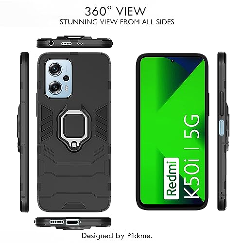 Image of Pikkme Redmi K50i 5G Back Cover | D5 Tough Armor Bumper | 360 Protection Case | Ring Holder Stand Case for Redmi K50i 5G (Black)