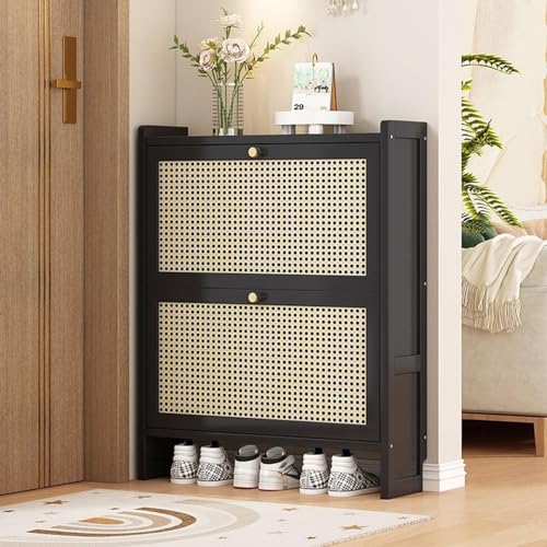 Rattan Shoe Cabinet with Flip Drawers and Storage Shelves Entryway Wooden Shoe Rack Cabinet for Hallway Bedroom (Black 70cm)