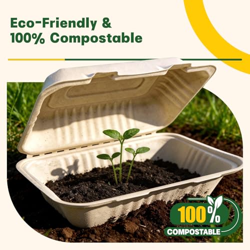 Boxential 100 Pack Compostable To Go Food Containers 9×6" | Disposable Clamshell Take Out Lunch Boxes with Lid | PFAS-Free Biodegradable Bagasse, Heavy-Duty Microwave Freezer Safe, Meal Prep by Boxential - Used condition - Image 4