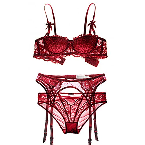 Ensemble de Lingerie pour Femmes 3 pièces Soutien-Gorge 1/2 Tasse Transparent LaceBra Jarretière Ceinture Culotte Cover