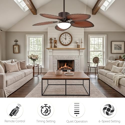 DWVO 52 Inch Palm leaf Ceiling Fan with Lights, Tropical Ceiling Fans with Remote, 3CCT Dimmable, Reversible Quiet DC Motor for Bedroom, Living Room, Dining Room