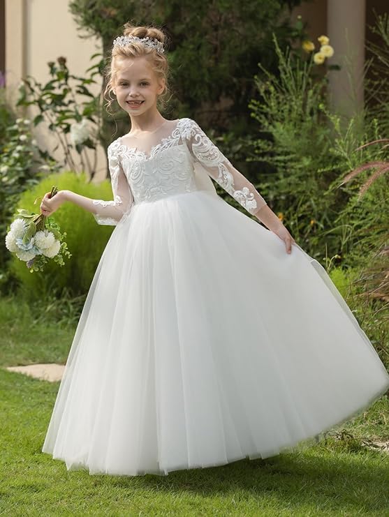 GZCYL White Flower Girls Dresses for Wedding Long Sleeves Lace Princess Communion Dress Tulle2