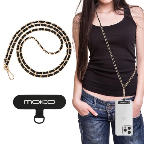 MoKo Cadena Metálica para Móvil, Cordón para Teléfono Universal Correa para Teléfono Móvil Manos Libres Desmontable, Correa para Cuello para Móvil para Viaje Senderismo Desplazamientos Diarios, Negro