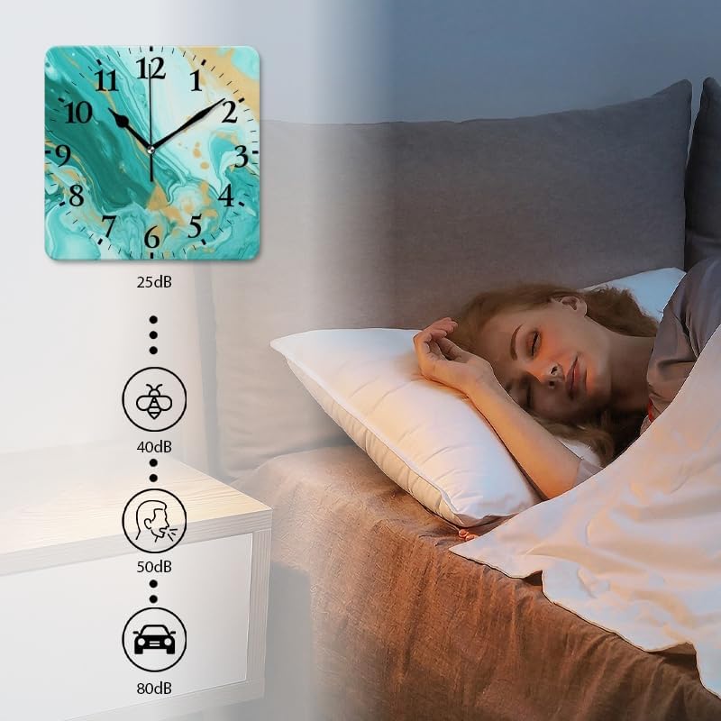 Battery Operated Wall Clocks Abstract Teal and Gold Marble Pattern Silent Non-Ticking Decor Clock with Photo for Bathroom,Office(12inch)