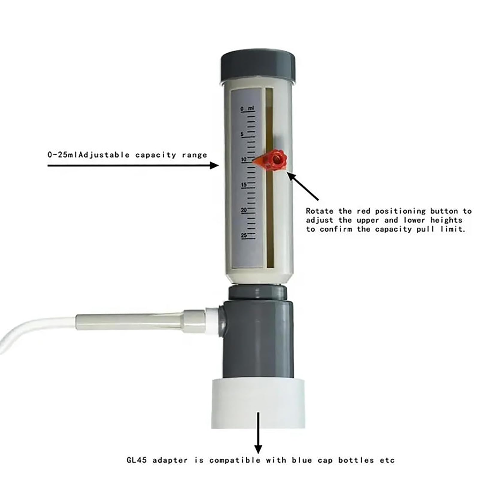 MObyat Einstellbare Laborpipetten mit 0–25 ml, Flaschenaufsatz-Dispenser mit Hülse, mit 2000-ml-Reagenzflasche, einfaches und präzises Dosieren ohne Tropfen, für Säuren, Basen und Reagenzien