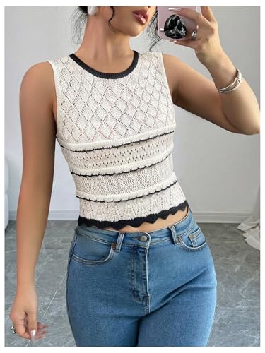 Image of MakeMeChic Women's Sleeveless Scalloped Crochet Round Neck Sweater