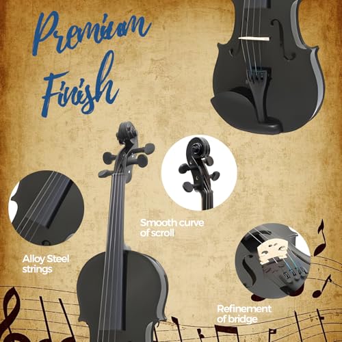 MA 16-Inch Solid Wood Viola in Black Finish - Handcrafted 4/4 Size Acoustic Viola for Students & Adults with Case, Bow, Rosin, Bridge & Strings
