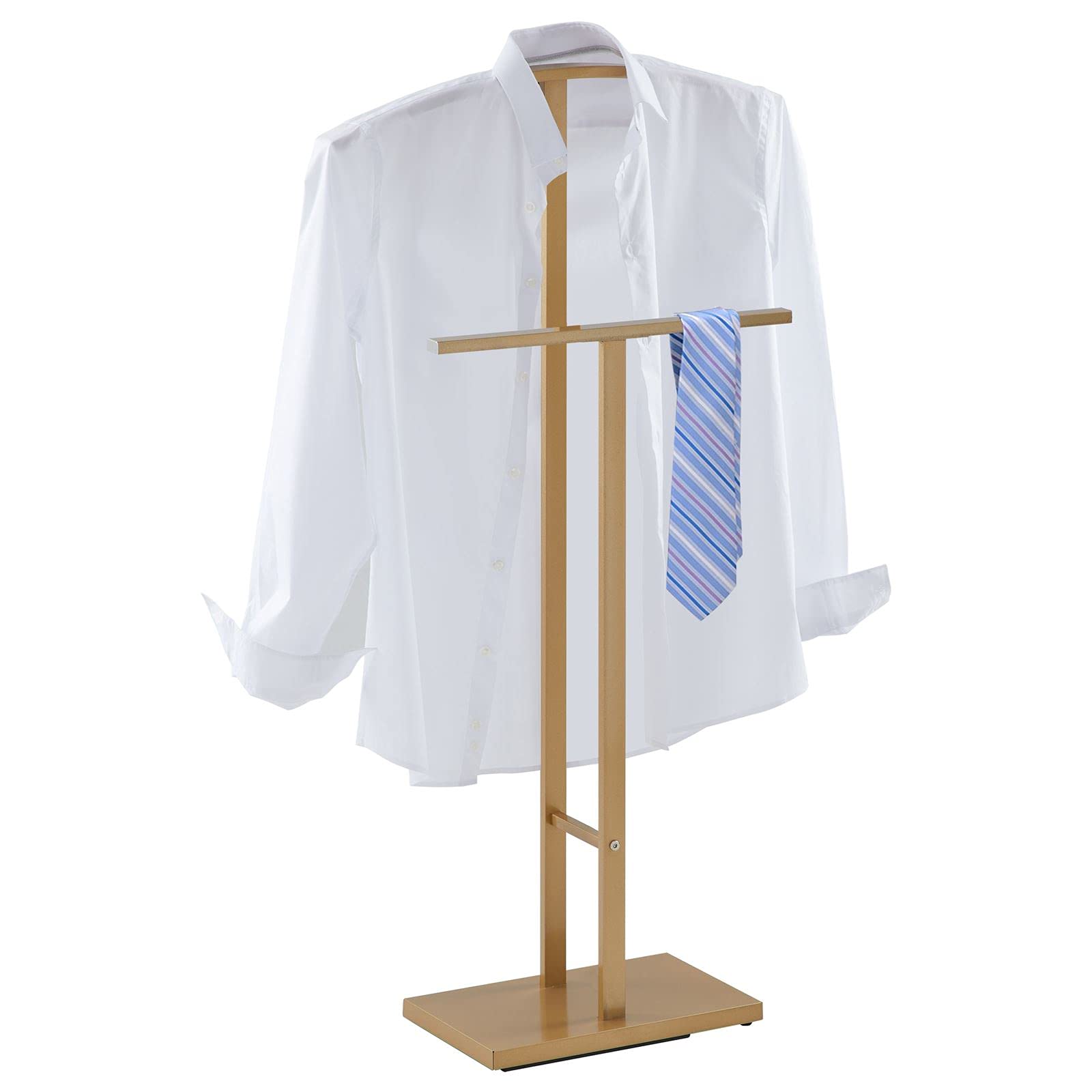 IDIMEX Valet de Chambre Scott chevalet de Nuit avec Un Cintre pour Veste et Un Portant pour Pantalon et Autres vêtements, Socle rectangulaire et Tubes en métal laqué Or