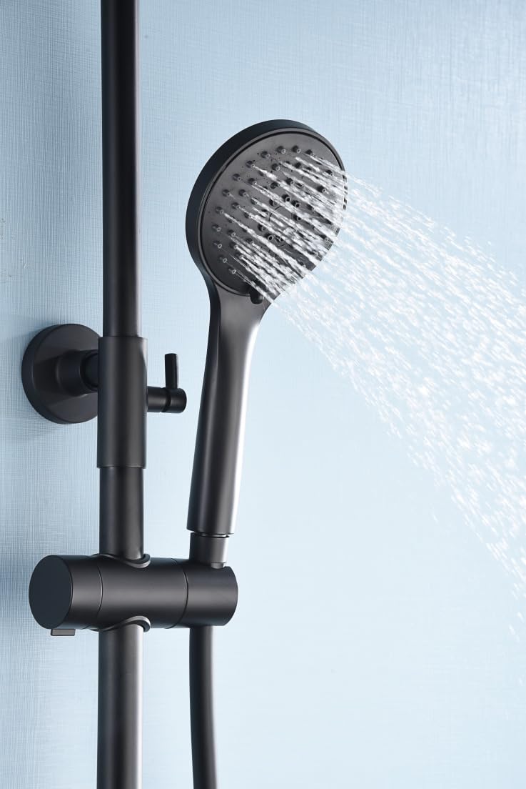 MICE - Columna de ducha termostática hecha de acero inoxidable con Barra extensible - Griferia de baño con control de temperatura - Rociador y mango de ducha Serie Eco-Kent Negro Mate BTK017-ECO/NG