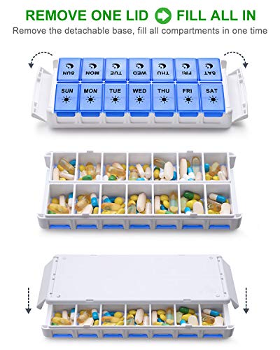 Image of Weekly Pill Organizer 7 Day 2 Times a Day Extra Large, Quick Fill 2020 Fullicon AM PM XL Daily Pill Cases Pill Box with Detachable Base - White /Blue (Patent Registered) (Pack of 2)