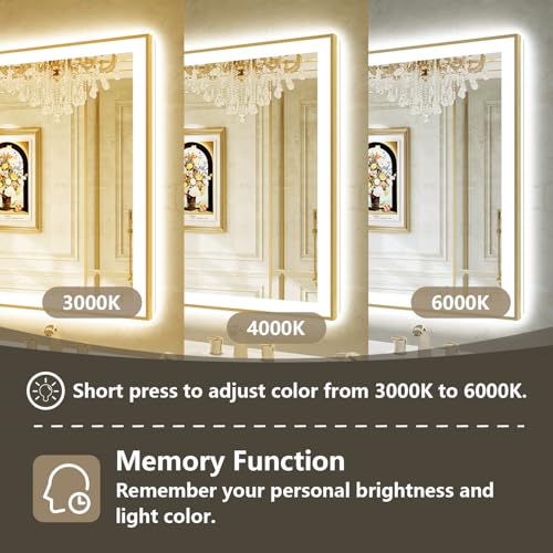 Image of 72x32 LED Bathroom Mirror with Lights, Gold Framed Lighted Mirror | Backlit and Front light, Anti-Fog, 3 Color Dimmable, Memory, Tempered Glass, IP54 Waterproof, UL Listed