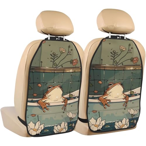 XBubupX Cute Frog Relaxing In Vintage Bathtub Car Seat Back Kick Protectors,2 Pack Kick Mats With Storage Pockets For Vehicles To Protect From Dirt Mud Scratches