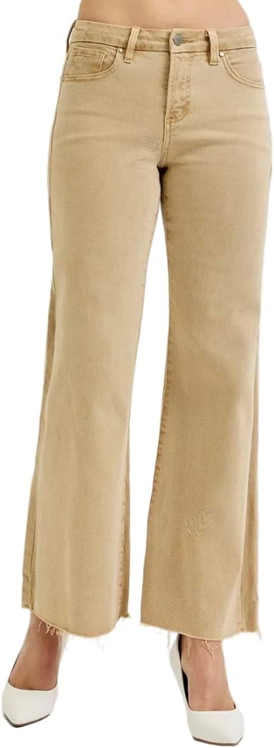 Risen Raw Hem Mid Rise Wide Leg Jeans- Ivory Gem