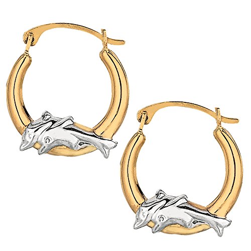 10K 2 Tone White And Yellow Gold Round Shape Hoop Earrings With Dolphins, Diameter 15Mm #TOP17