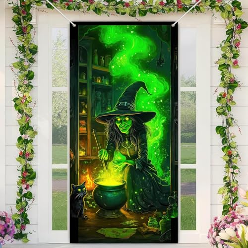 Image of BlissYard Halloween Door Cover Witch Potion Room 71 x 35 Inch | Polyester, Green Witch and Black Cat Potion Room, Haunted House Door Decor, Porch, Wall and Halloween Party Backdrop