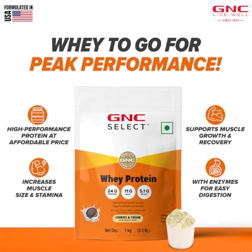 Image of GNC Whey Protein Blend With Free Shaker | 2.2 LBS (1KG) | Cookie and Cream |24 Gm Protein| Digestive Enzyme | Faster Muscle Recovery | Boosts Strength & Endurance | Builds Lean Muscles | USA Imported