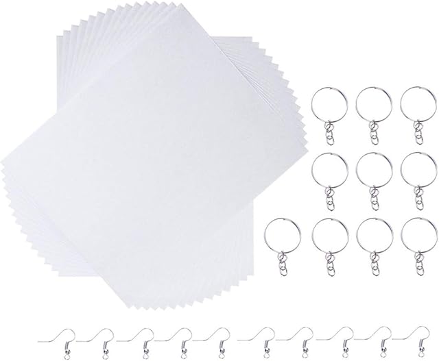 SUPVOX 35 Pieces Heat Shrink Plastic Sheet Kit Include 15 Sheets Shrinky Art Paper with 10PCS Ear Hooks and 10PCS Keychain for Kids Creative Craft