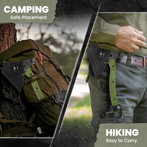 Tactical Axe with G10 Handle Camping Survival Hatchet, Multifunctional Hiking Outdoor Heavy Duty Full Tang Tomahawk Tools with Hammer, Unique Design Crowbar, Leather Sheath (Green) - Image 3