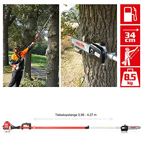 Foto von HECHT Benzin Hochentaster Teleskopsäge Motorsäge mit 26 ccm Hubraum, 34 cm Schwert und Teleskobstange bis zu 4,27 m Verlängerung für kraftvolles sicheres sägen in hohen Baumkronen (Hochentaster Rot)