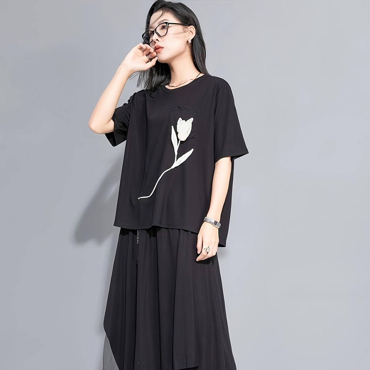 Womens Summer Tops Dark Style Short Sleeve Blouses for Women Dressy Casual Crew Neck Shirts - Image 4