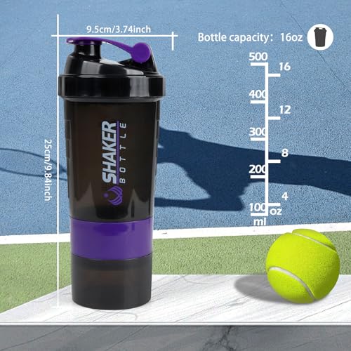 Image of Shaker Bottle,16oz Protein Shaker Bottles with Mixing Ball, 3 in 1 Leak-proof GYM Shake Cup with Powder Storage & Pill Tray, Ideal for Workout,BPA Free(Purple