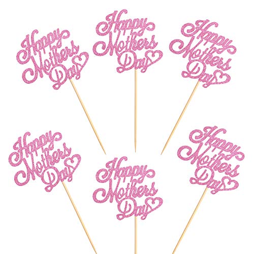 Cyodoos Pack Of 48 Pink Glitter Happy Mother's Day Cupcake Topper Heart Cupcake Picks For Mother's Day Party Decoration #TOP2