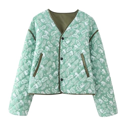 Generisch Chaqueta corta de flores para mujer, ligera, con frente abierta, acolchada, patchwork, chaqueta de trabajo, abrigo de invierno para mujer, abrigo cálido, verde, S