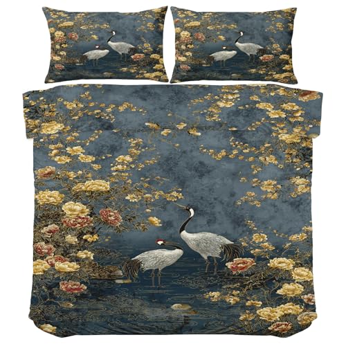 Générique Housse de Couette 90x190 Enfant Grue Fleur Chinois - Parure de lit Oriental Vintage - Literie en Microfibre avec 1 Taies d'oreiller 65x65 -...