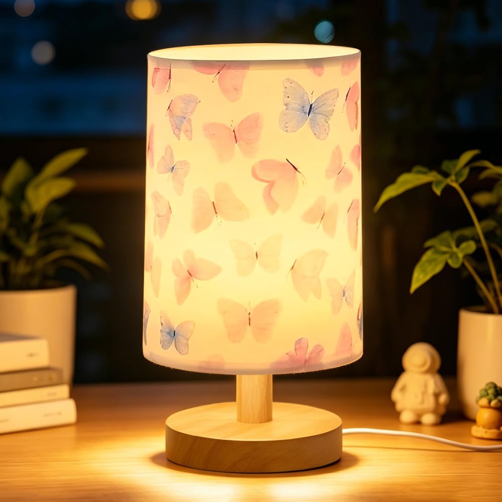 Butterfly Kids Table Lamp, 3-Level Dimmable Bedside LED Light with Linen Fabric Shade Solid Wood Base, Pastel Butterfly Bedroom Decor Nightstand Lamp, Gift for Boys Girls Nursery Living Room Reading