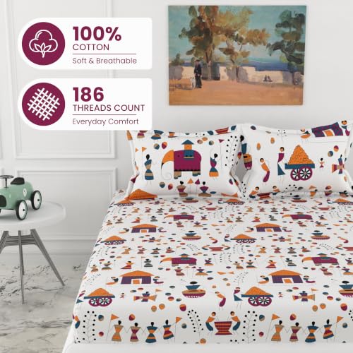Image of LORETO - A QUALITY LINEN BRAND 186 TC 100% Pure Cotton King Size Fitted Bedsheet with 2 Pillow Covers for 78 x 72 Inch Mattress, All-Around Elastic, 8 Inch Deep Pocket, Tribal Motifs