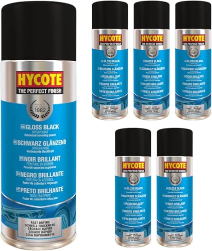 Hycote Black Spray Paint Gloss Black 13.5 Oz (Pack of 6) High Shine Acrylic Finish Durable UV Resistant For Metal Plastic Automotive & Ceramic Surfaces 400ml