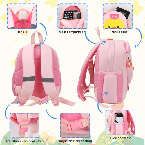 Cute Toddler Backpack for Boys Girls, Preschool Backpack Neoprene Animal Schoolbag, Kids Child Kindergarten Lunch Backpack (Pink Duck)3