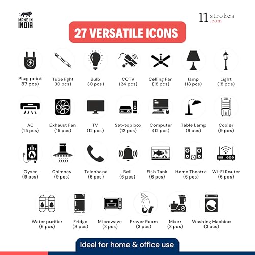 Image of 11 Strokes Black & White Switch Board Stickers for Home - 3 Self-Adhesive Sheets, Switchboard Label Stickers with Black Icons on Clear Vinyl, Decorative Electric Board Cover