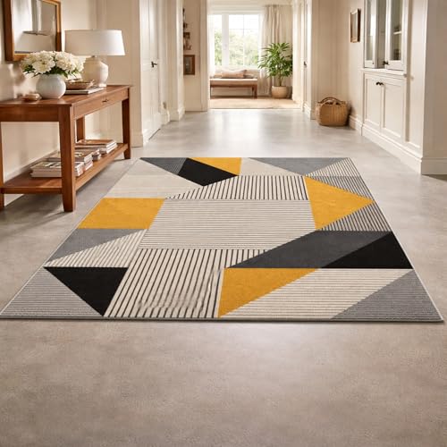 VARIKASHOM Tapis Entree Interieur, Tapis Poils Ras Design Moderne pour Salon Chambre Fille Ado, Moderne, géométrique, Jaune, Noir, Gris, Blanc, 80 x 160 cm