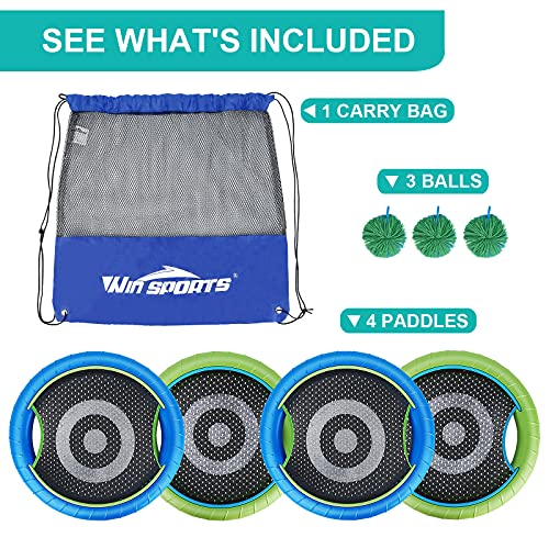 WIn SPORTS Trampoline Paddles Disc,Indoor Outdoor Game for 4 Players,Camping Game for Kids, Adults,Couples, Friends,Family, Includes 4 Rackets, 3 Rubber Koosh Balls,1 Storage Bag