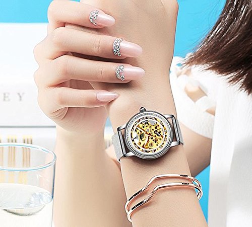 Image of Gosasa Luxury Women Automatic Mechanical Watch Gold Stainless Steel Mesh Watch Band Dress Wrist Watch