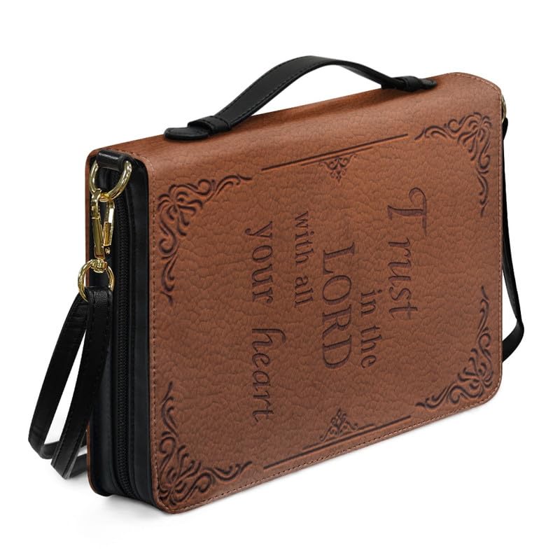 Kuiaobaty God Quotes Pattern Bible Cover Faux Leather Case Book Bag with Pen Slots, Inspiring Word Carrying Book Case Gift for Book Lover, Brown — image 1