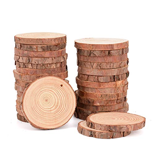 Philorn Holzscheiben zum Basteln 30 Stücke Runde Baumstamm Scheiben deko Baumscheiben Durchmesser 8-10 cm, Dicke 10 mm Premium Kiefer mit 2 Seile, Vorgebohrte Dekoration Holz und Rinde für DIY Cover